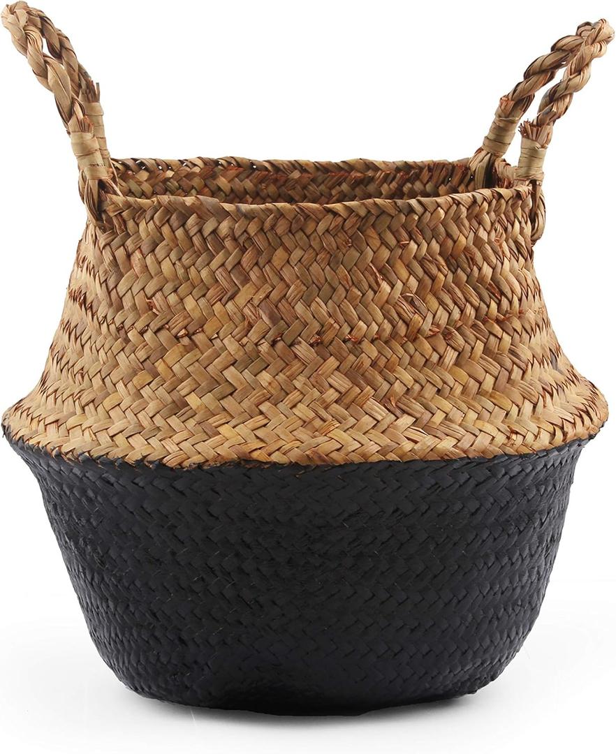 Woven Seagrass Belly Basket for Storage, Laundry, Picnic, Plant Pot Cover, and Grocery and Toy Storage (Black, Large)