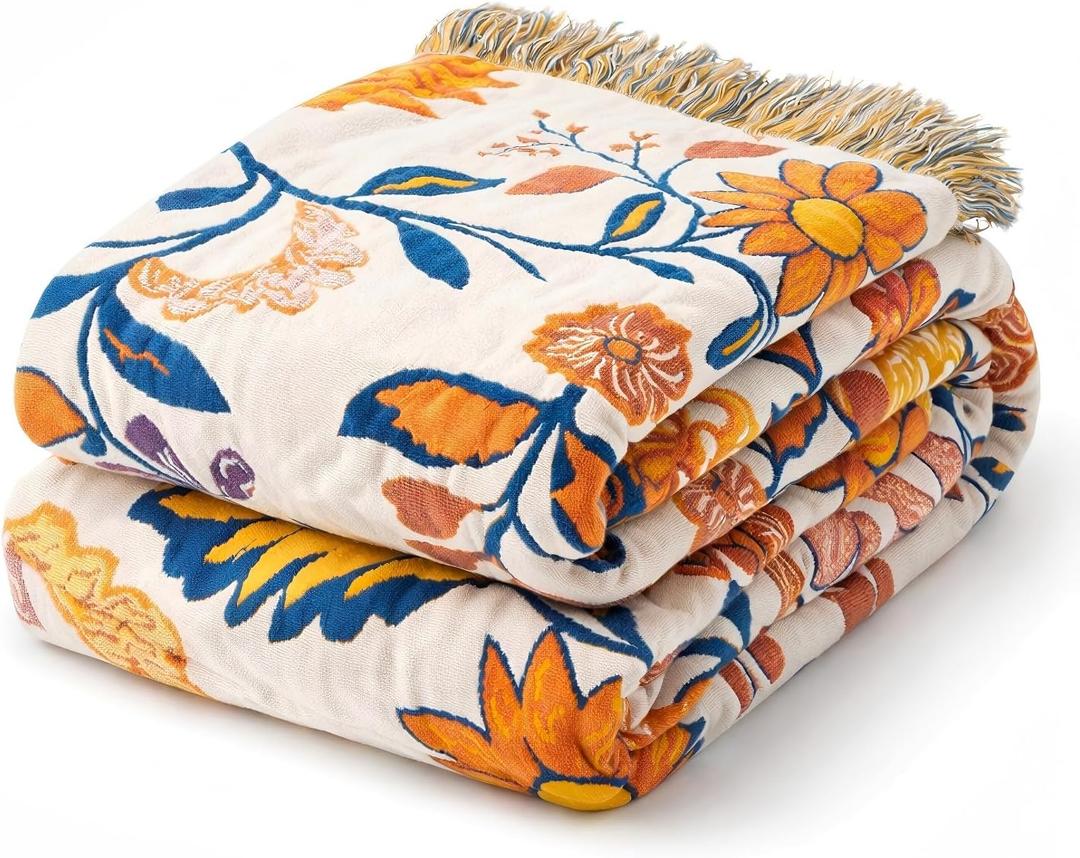 100% Cotton Boho Throw Blanket for Home Decor Classic Farmhouse Quilt Bedding, Muslin Blankets for Adults, Vintage Woven Decorative Blanket for Couch, Bed Layering Use, Botanic Floral, 90"x90", Queen