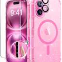 BERFY Compatible with iPhone 16 Plus Case, [Compatible with Magsafe], with 9H Tempered Screen Protector + Camera Lens Protector, Clear Sparkly Hard Phone Case for Women 6.7", Magnetic Hot Pink