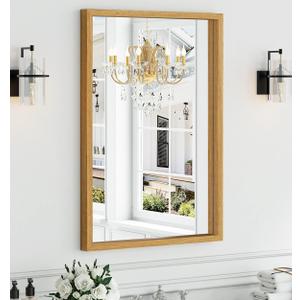 Syndra Natural Wood Frame Bathroom Mirror, 24x36'' Modern Vanity Mirror for Wall, Waterproof Slim Deep Frame, Rectangular HD Tempered Glass Mirror for Living Room, Bedroom, Entryway, Rustic, Farmhouse