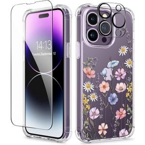 GVIEWIN for iPhone 14 Pro Max Case Floral, with Screen Protector&Camera Lens Protector,[Non Yellowing] Soft Shockproof Clear Phone Protective Cover for Women, Flower Pattern 6.7"(Mallow/Colorful)