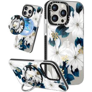 for iPhone 15 Pro Case for Women - Girls Kawaii Design Compatible with Magsafe Magnetic Ring Holder Stand Blue Flower Phone Covers Aesthetic Girly TPU Funda for 15 Pro