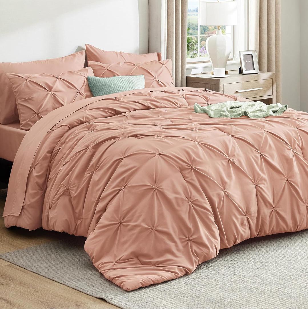 Bedsure California King Comforter Set Dusty Pink - Bed in a Bag California King 7 Pieces, GentleSoft Pintuck Bed Set Gift for Family, Pinch Pleat Dusty Pink Comforter with Sheets, Pillowcases & Shams