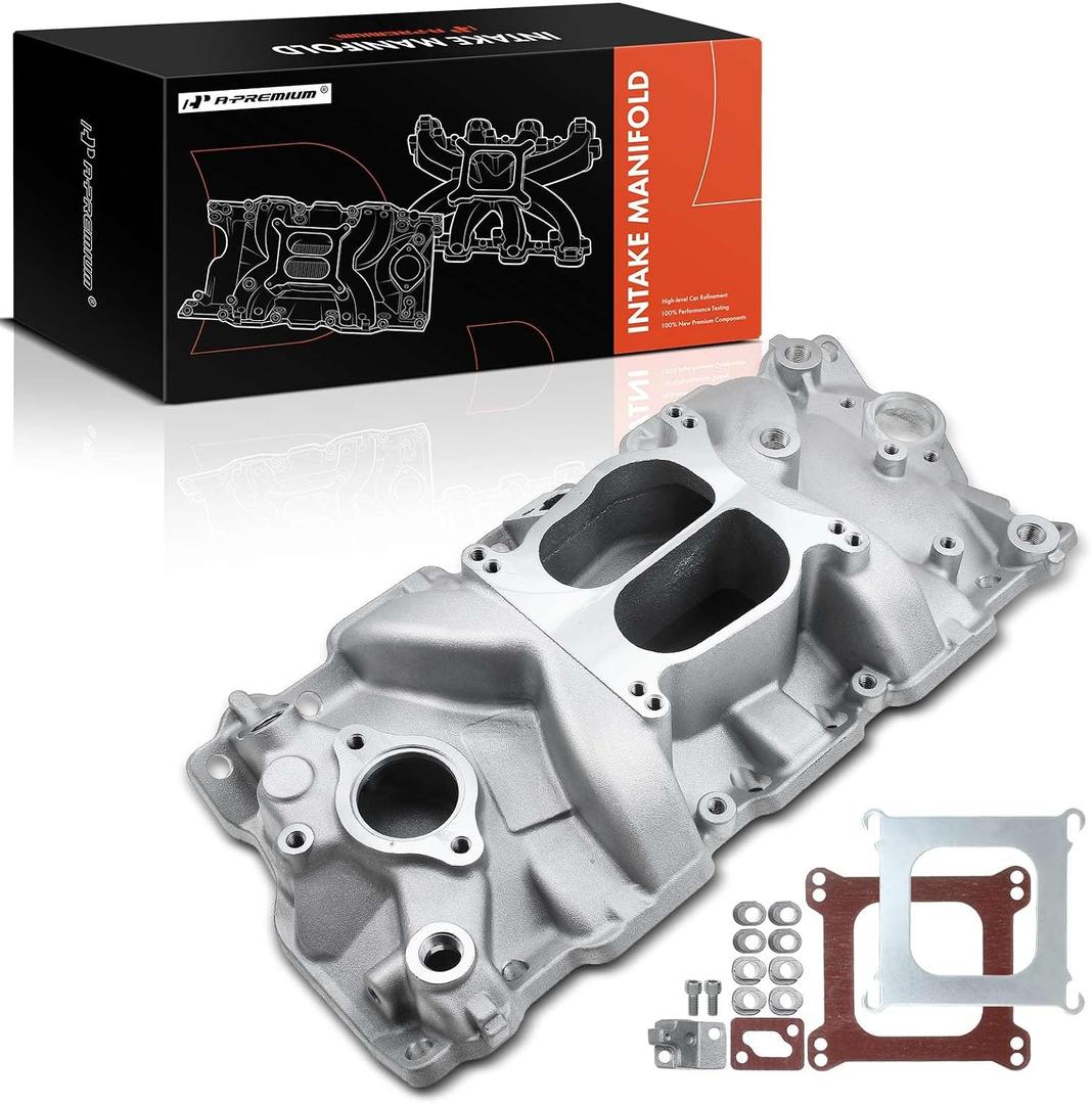 A-Premium Aluminum Dual Plane V8 Intake Manifold W/Mounting Kits Compatible with 1955-1995 Chevy SBC 262 265 267 283 302 305 307 327 350 400, Idle-5500, 4-Barrel Spread Bore