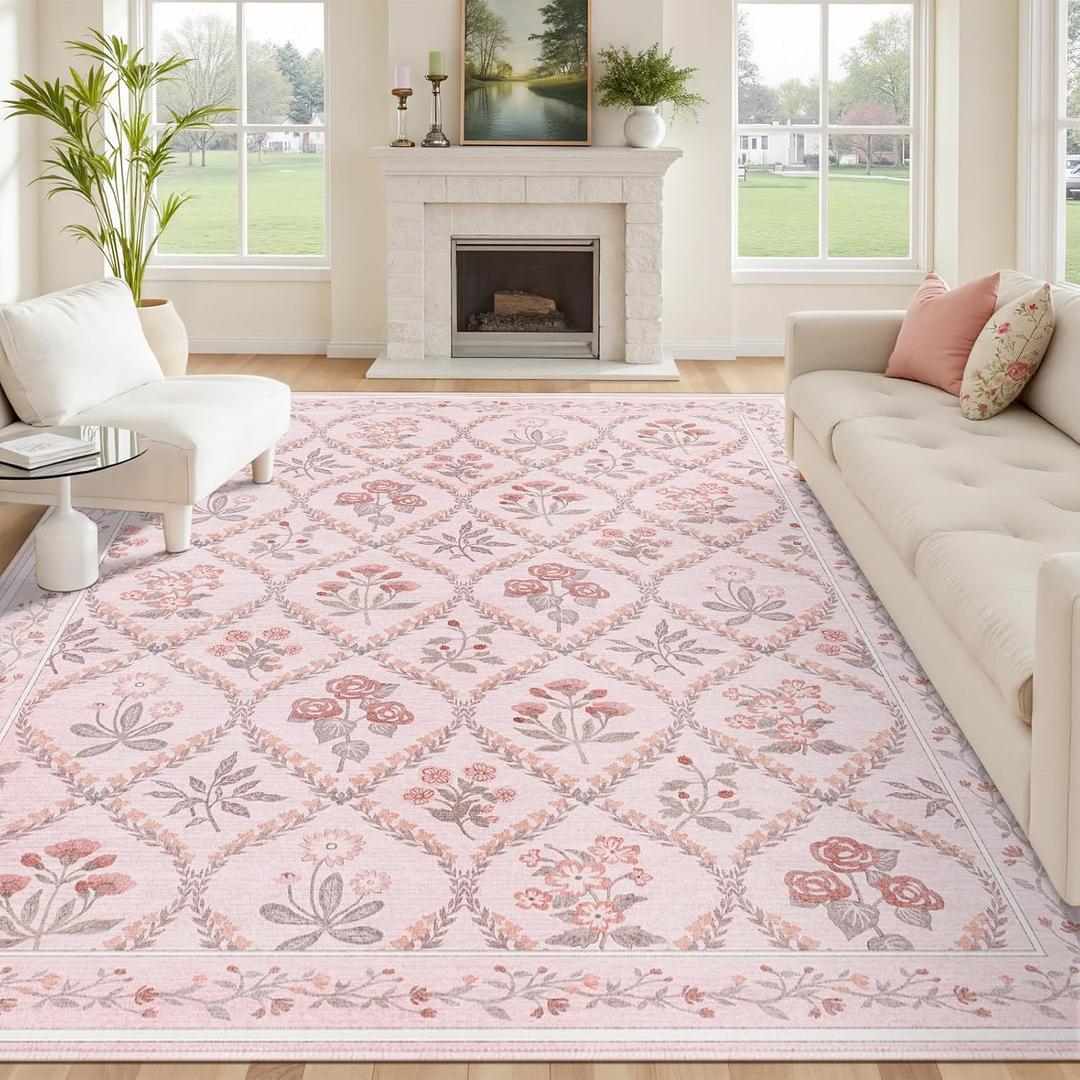 Pink Rug for Living Room 8x10, Soft Large Washable Area Rugs for Bedroom Girls, Boho Cute Floral Indoor Decor Non Slip Low Pile Carpet for Nursery Girls Room Kids Playroom