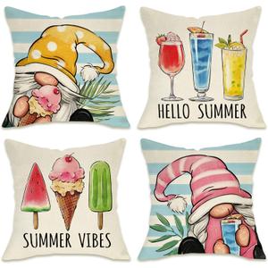 Fahrendom Hello Summer Vibes Gnome Decorative Throw Pillow Cover 20 x 20 Set of 4, Ice Cream Popsicle Juice Porch Patio Outdoor Pillowcase, Stripes Seasonal Farmhouse Couch Cushion Case Home Decor