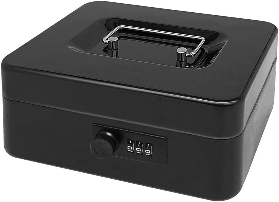 Secure Steel Cash Box with Combination Lock and Removable Tray  Metal Money Organizer for Home and Office Use (Black - 7.9" x6.3" x 3.3")