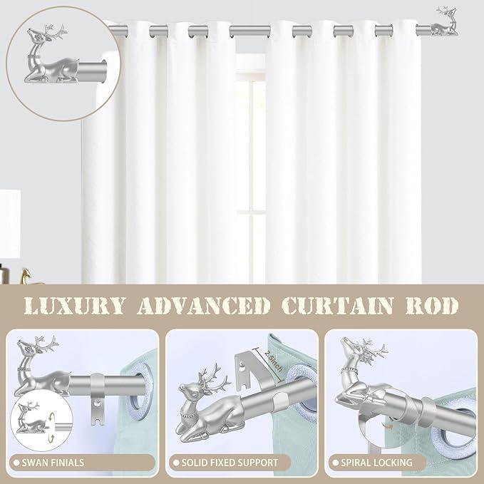 Silver Decorative Curtain Rods for Windows:72-144" Adjustable Farmhouse Curtain Rod for Bedroom Living Room,Heavy Duty Rustic Drapery Rods with Vintage Deer Finials Easy Install,Antique Silver (72-150" & 1pack)