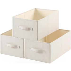 Linen Folding Storage Bins, 3 Pack Large Storage Baskets, Washable, Clothing Storage Bins with Handle, Closet Organizer for Storage Sweater,Sheets(Beige, 18"x11 x8)