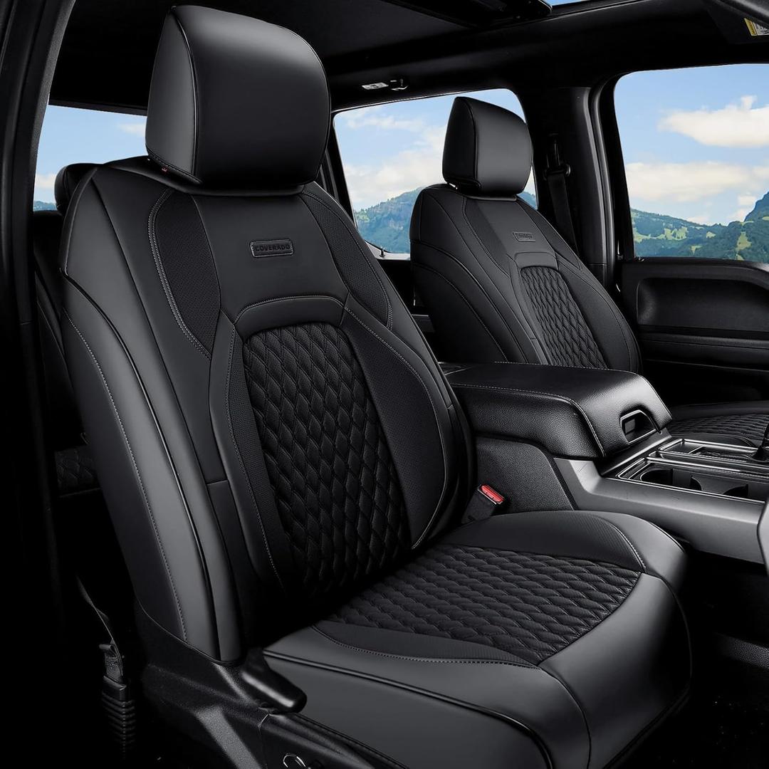 Coverado Custom Fit Front Seat Covers for Chevy Silverado/GMC Sierra 2007-2025 1500, 2015-2025 2500HD 3500HD Crew/Double/Extended Cab Faux Waterproof Leather (Black)