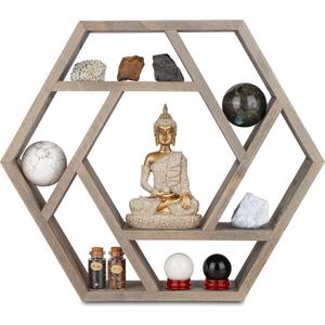 Crystal Display Shelf for Healing Stones and Zen, Essential Oil Shelf for Chakra, Tabletop or Floating Hexagon Shelves for Meditation, Buddha and Spiritual Decor (Grey) 