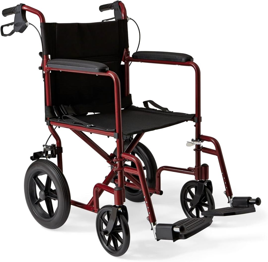 Medline Lightweight Foldable Transport Wheelchair with Handbrakes and 12-Inch Wheels, Red Frame, Black Upholstery Medline Lightweight Foldable Transport Wheelchair with Handbrakes and 12-Inch Wheels, Red Frame, Black Upholstery