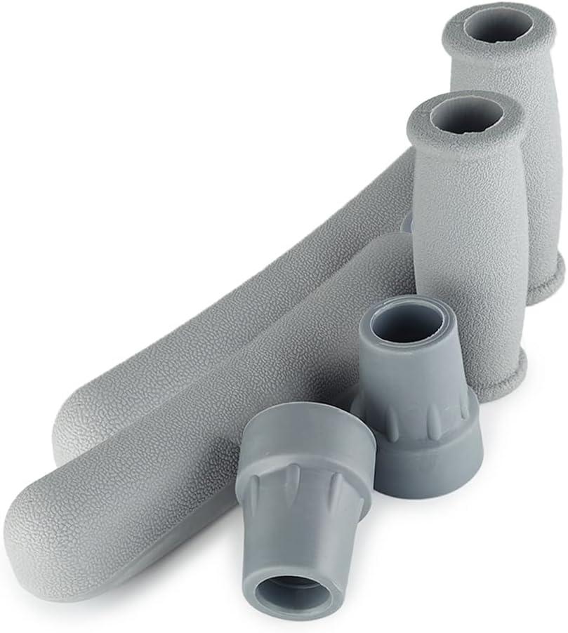 7/8 Inch Replacement Crutch Pads Anti-slip, Rubber Padding for Walking Under Arm Crutches, Hand Grips, and Feet Caps, Fits Standard Aluminum Crutches 6 Pieces-Set (Grey)