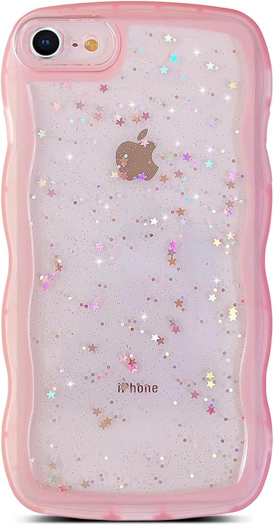 Qokey for iPhone SE/iPhone 8/7 Case,Cute Clear Glitter Curly Wave Design Transparent Bling Shiny Protection Soft TPU Shockproof Phone Cover for Women Pink