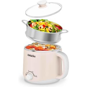 Dezin Hot Pot Electric with Steamer, Rapid Noodles Cooker, Stainless Steel Electric Pot 1.6 Liter, Perfect for Ramen, Egg, Dumpling, Soup, Oatmeal with Temperature Control and Keep Warm Function (1.7 Quarts, Creamy Beige)
