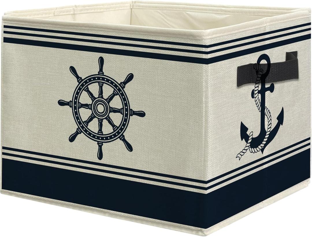 Navy Blue Nautical Storage Bins, Coastal Beach Boat Anchor Rudder Collapsible Storage Box Laundry Basket with Handle for Home Bedroom Bathroom Office Clothes Toys Books