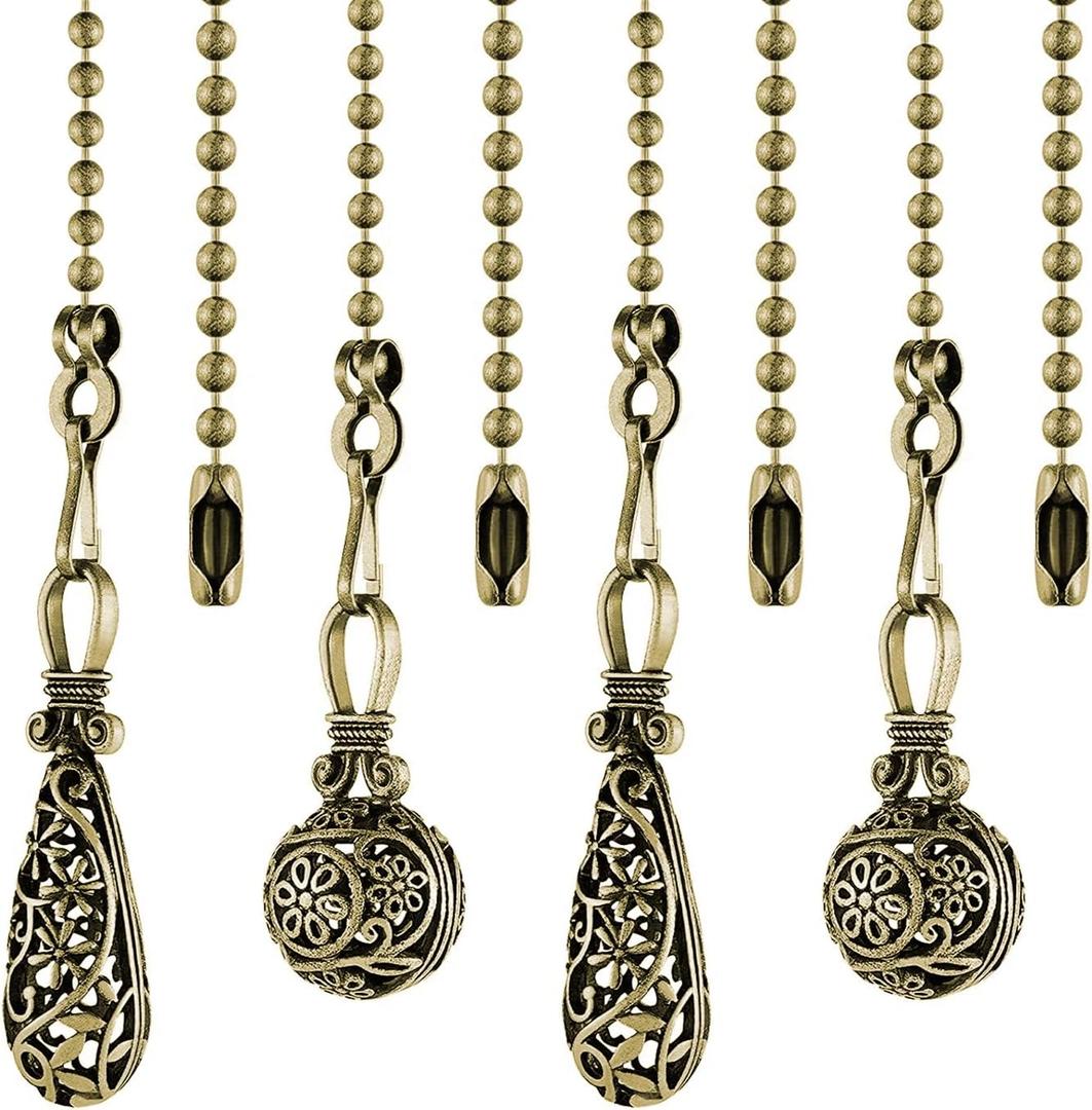 Ceiling Fan Pull Chain Vintage Hollow Fan Danglers,14 Inches Decorative Fan String Pulls Charm Extension, 3mm Diameter Beaded Fan Pull Chains Extender Ornaments with Connector(Copper 4Pack)