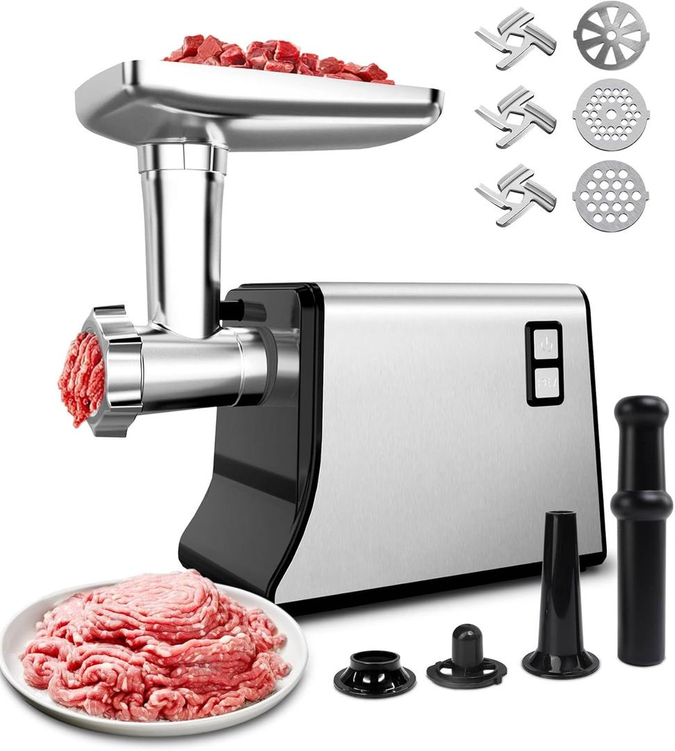Electric Meat Grinder - Heavy Duty Meat Grinders with 3 Stainless Steel Cutting Blades, 3 Grinding Plates, 1 Sausage Maker & Kubbe Kit for Home Kitchen Use, Silver