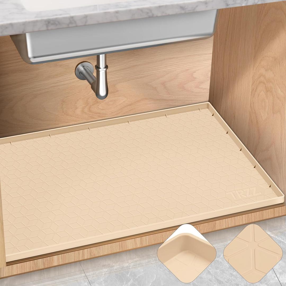 TRZZ Silicone Waterproof Under Sink Mat 34" x 22", Drip Tray and Cabinet Liner for Kitchen and Bathroom, Prevents Water Damage and Organizes Cabinets (Beige) TRZZ Silicone Waterproof Under Sink Mat 34" x 22", Drip Tray and Cabinet Liner for Kitchen and Bathroom, Prevents Water Damage and Organizes Cabinets (Beige)