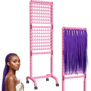 Adjustable Braiding Rack 280 Pegs, 2-Sided Braiding Hair Rack for Braiders, Standing with Wheels, Pink Hair Separator for Stylists