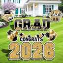 Graduation Yard Signs Class of 2026 Decorations, 11PCS Black Gold Congrats Grad 2026 Lawn Sign Large Yard Decor with Stakes for Outdoor Senior High School College Garden Prom Send Off Party Supplies