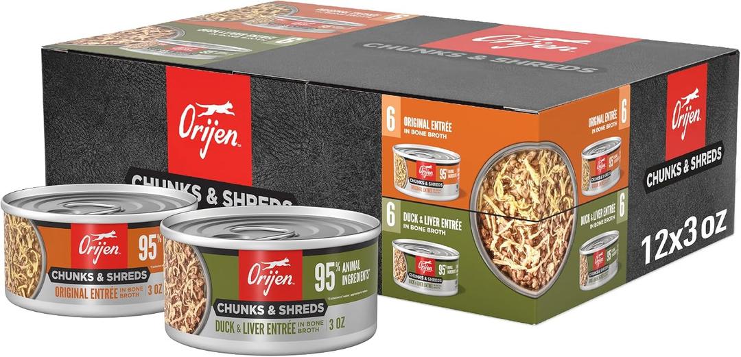 ORIJEN Chunks & Shreds Wet Cat Food Variety Pack Original Duck & Liver | Omega-3 Fatty Acids, Skin & Coat, Eye Health, No Added Grains, Multiple Flavors (EXP 08/08/27)