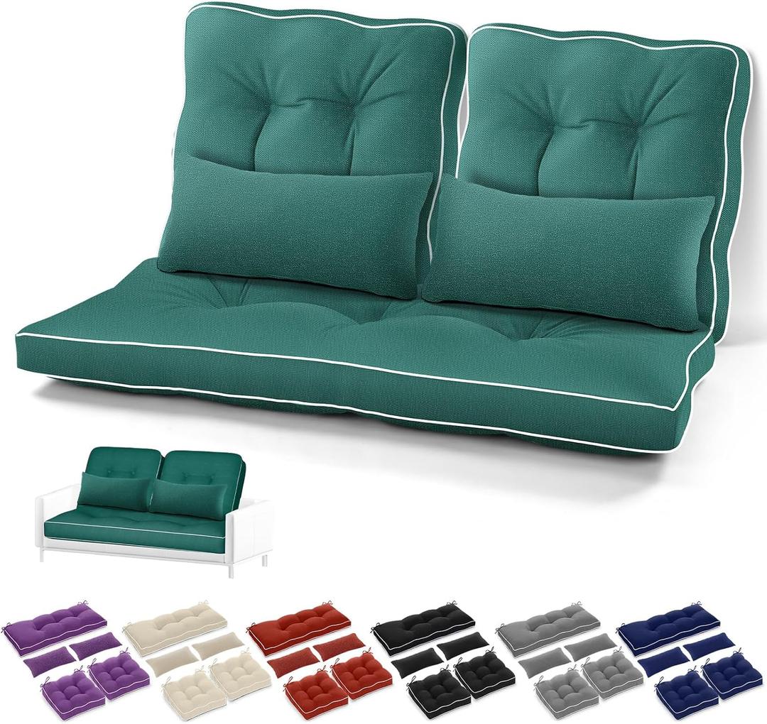 Chunful Set of 5 Outdoor Bench Cushions Set 44 x 19 Inch Tufted Waterproof Patio Furniture Seat Pad with Throw Pillows Loveseat Cushion for Square Settee Indoor Sofa Wicker Couch(Green)