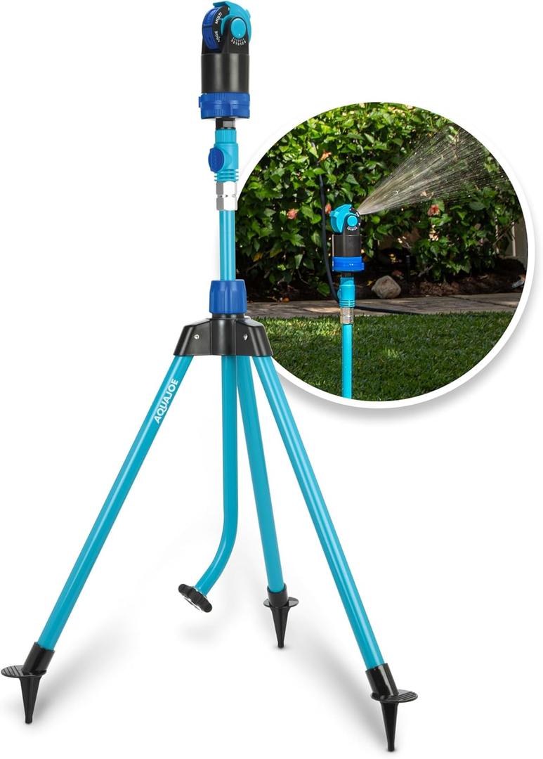 Aqua Joe 6 Pattern Adjustable Sprinkler Mister with Metal Tripod Stand, Rotating Head, and Telescoping Height ,4100 Square Feet Coverage, AJ-6PSTB-MAX, Blue