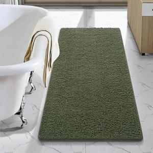 LOCHAS Luxury Bathroom Rug Shaggy Bath Mat 24 x 44 Inch, Washable Non Slip Bath Rugs for Bathroom Shower, Soft Plush Chenille Absorbent Carpets Mats, Olive Green