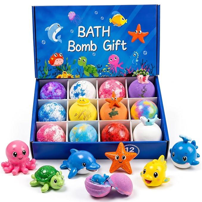 12Pcs Bath Bombs for Kids Gift Set, Ocean Theme Fizzy Bath Bomb with Surprise Colors & Hidden Toy, Moisturizing Fizzers for Boys & Girls, Fun Bath Time with Heavy Froth & Bubbles for Soft Skin