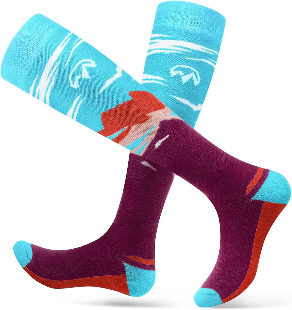 OutdoorMaster Ski Socks, 2-Pair Pack Skiing and Snowboarding Thermal Socks for Women with OTC Design w/ Non-Slip Cuff, Mountain Patterns - Henna, Medium