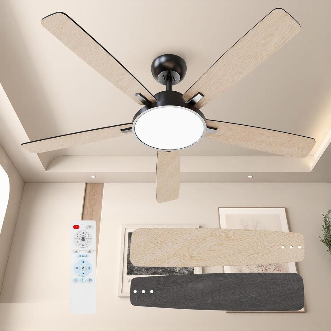 TALOYA 52 Inch Black Walnut Ceiling Fans with Lights Led Remote Control Flush Mount Low Profile for Bedroom Living Dining Room Outdoor Farmhouse, Reversible, DC Motor, Diammable, Buzzer ON/ Off, 5 Blades