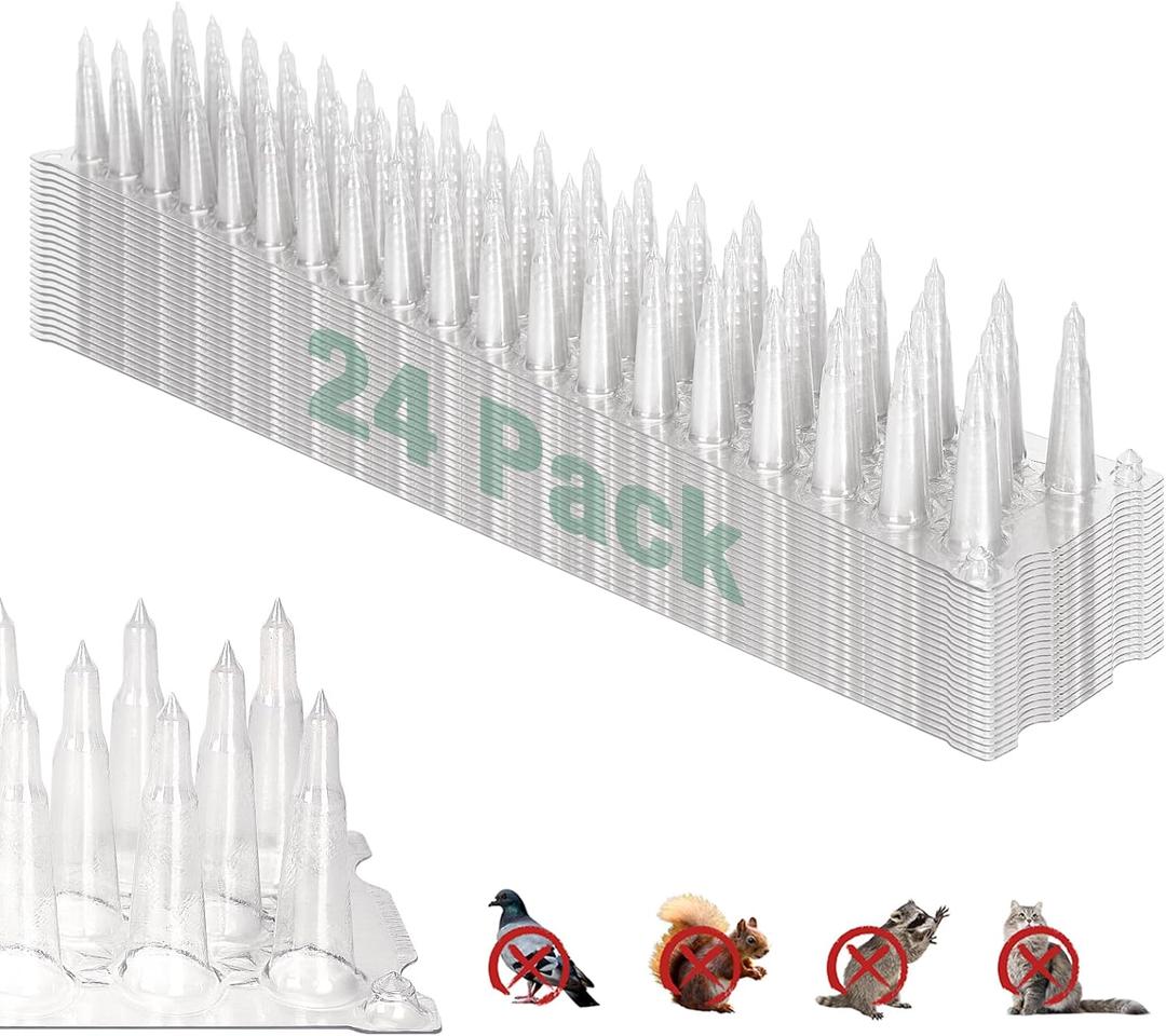 Touri Upgraded 24 Pack Bird Spikes, Covers 34 Feet(10.36m), Clear PVC Bird Deterrent Spikes Strips, Restrict Birds from Standing and Nesting, Keep Birds, Cats, Pigeons, and Other Animals Away