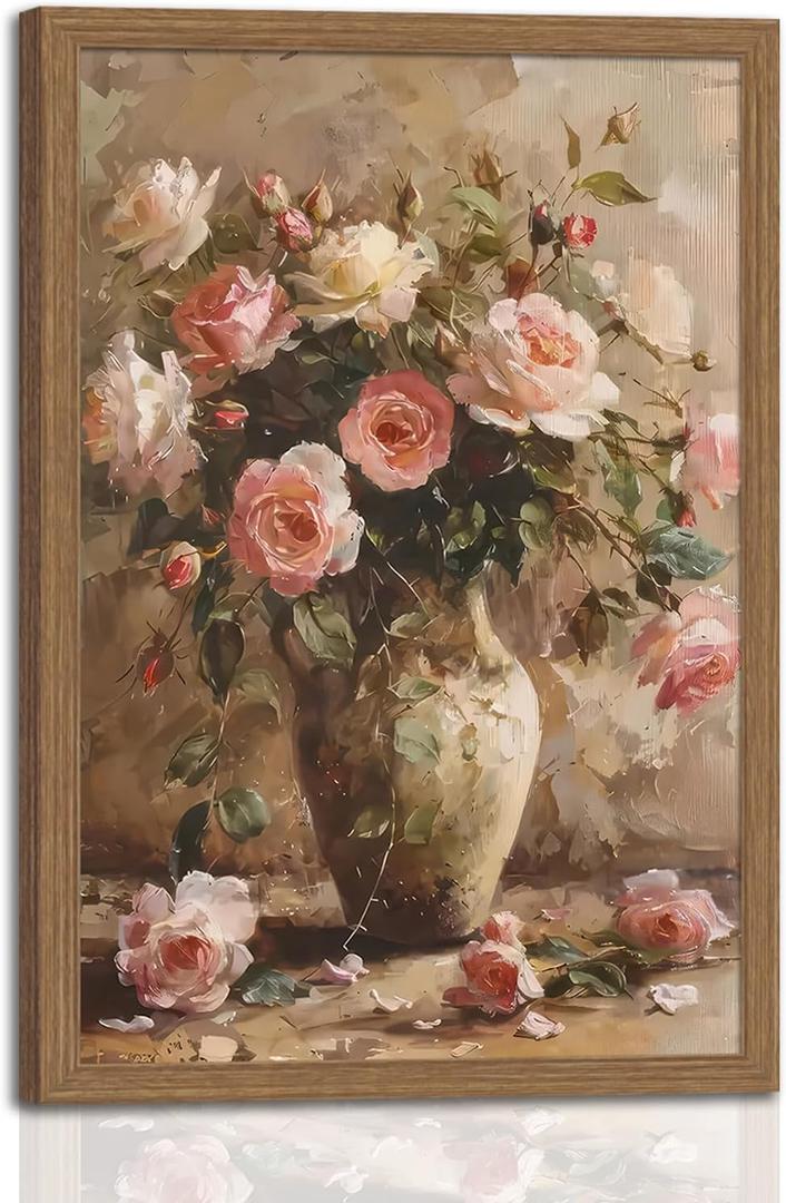 Framed Vintage Pink roses Vase Flower Canvas Wall Art French Country Floral in Canvas Prints Oil Painting Rustic Decor for Bedroom Living Room Dining room gallery Can be hung directly 12x16in