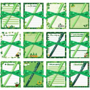 Spakon 36 Pcs St. Patrick's Day Sticky Notes with Pen and Ribbon Shamrock Notepads and Pens Set Green Clover Self Adhesive Memo Pads for School Office Home Supplies Classroom Gift Party Favors, 3.94 x 5.12 inches