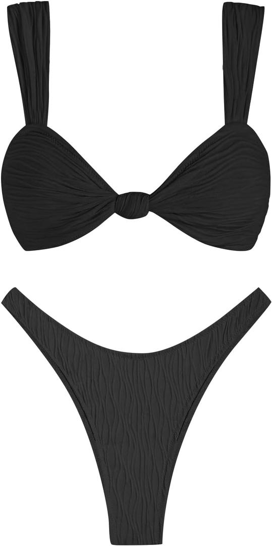 ZAFUL 2025 Cheeky Bikini Sets for Women High Cut Swimsuit Textured Ribbed Bikini Thong Bathing Suit (Large, Black)