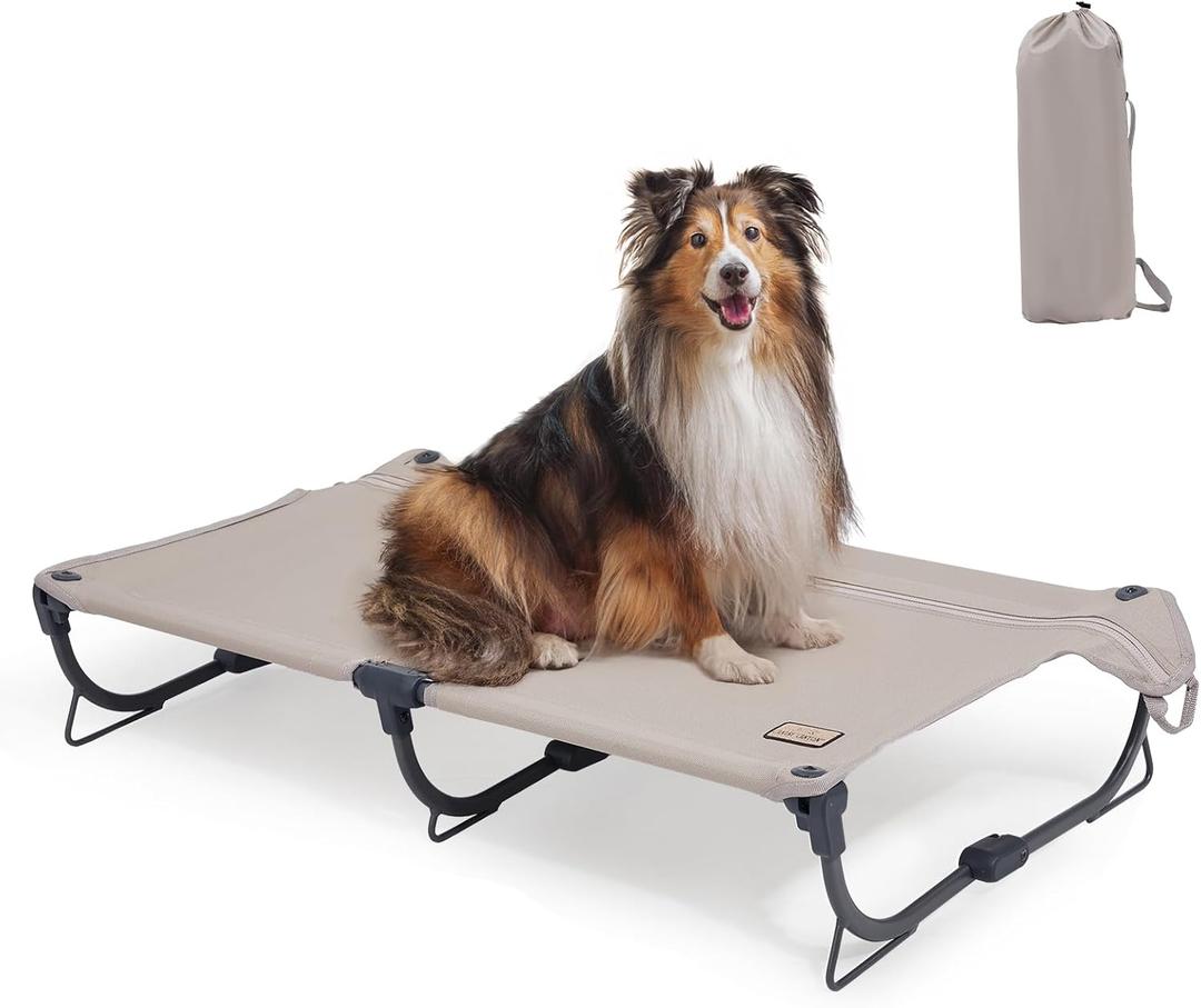 CANINE CANYON Daisy Cot, Medium Foldable Elevated Dog Bed, Portable Raised Outdoor Folding Dog Cot, Cooling, Chew Proof, Waterproof, Heavy Duty Up to 160 lbs for Camping/Home, Brown, 32"x 19"x6"