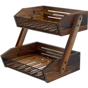 Dorhors Fruit Basket for Kitchen, 2 Tier Fruit Bowl,Kitchen Counter Organizer,Wooden Vegetable Holder for Countertop,Bread Storage Basket Stand