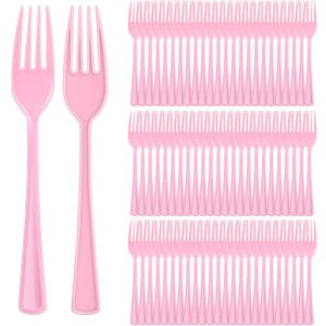 Roshtia 100 Pcs Pink Plastic Forks Pink Forks 7.3 Inch Heavy Duty Cutlery Utensils Sets for Graduation Party Favor Teacher Appreciation Birthday Wedding Color Theme Supplies