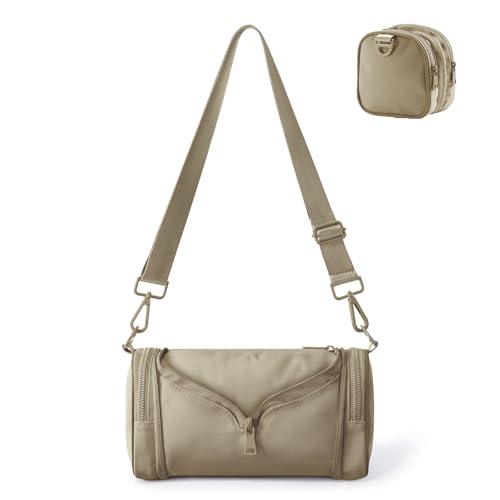 Cross Body Purse, Mini Crossbody Sling Bag for Women, Barrel Cylinder Bag with Adjustable Shoulder Straps, Smooth Zipper, Water-Resistant, Khaki