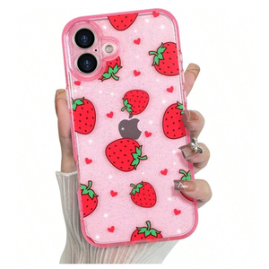 MZELQ for iPhone 16 Plus Case Strawberry Bling Glitter Cute Pattern, Shockproof Strawberry Crystal Clear Phone Cover for Girls Women Full Body Protection+ 1* Screen Protector - Pink
