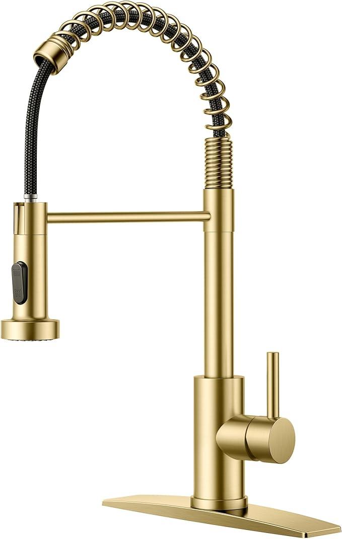 FORIOUS Gold Kitchen Faucet with Pull Down Sprayer, Stainless Steel Commercial Single Handle Classic Spring Pull Out Sink Faucet for Pot Filler, Farmhouse Camper Bar Laundry Room Amazon's Choice