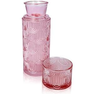 21.6 0z Glass Carafe with Lid, Mouthwash Container for Hand Washing Table, Bedside Water Carafe and Glass Set, Pitcher for Nightstand - Pink