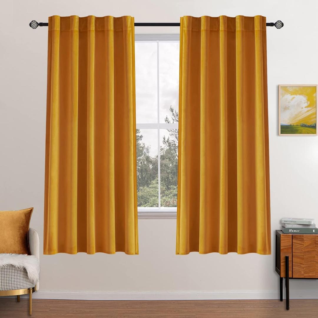 MIULEE Velvet Curtains 63 inch Length 2 Panels - Luxury Blackout Curtains for Bedroom Living Room Thermal Insulated Fall Decor Super Soft Window Drapes Rod Pocket & Back Tab, Mustard Yellow