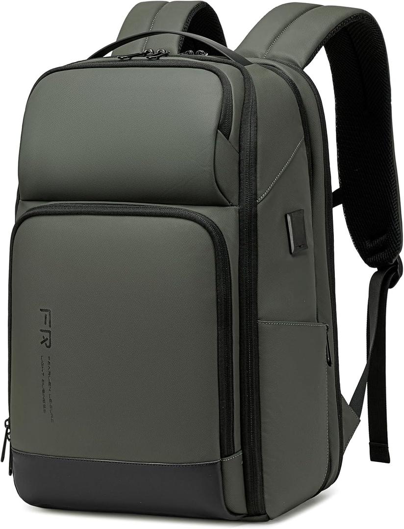 FENRUIEN 17 Inch Travel Backpack Green, Expandable Water Resistant Computer Backpack with USB Port, Black Laptop Bag for Business/College/Work
