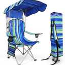 Portable Camping Chair with Canopy - Folding Chair with Canopy, Durable 600D Oxford Canopy Chair for Camping, Beach, Picnics, Fishing & Sports (1pack Stripe Green)