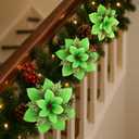 Zeyune 15 Pack Green Poinsettia Flowers Glitter Artificial Christmas Poinsettia Decor 5.5'' Plush Flowers Picks with Clips and Stems DIY for Xmas Tree Wreath Holiday Home Party Decor(Green)