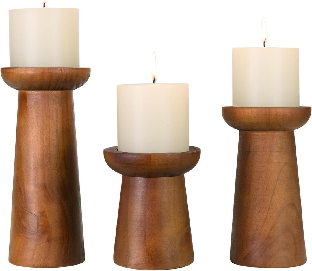 Pillar Candle Holders Set of 3 Wooden Candle Holders Decorative Wood Candlestick Holders for Living Room, Table Centerpiece for Wedding, Christmas, Party, Home - 4", 6", 8"