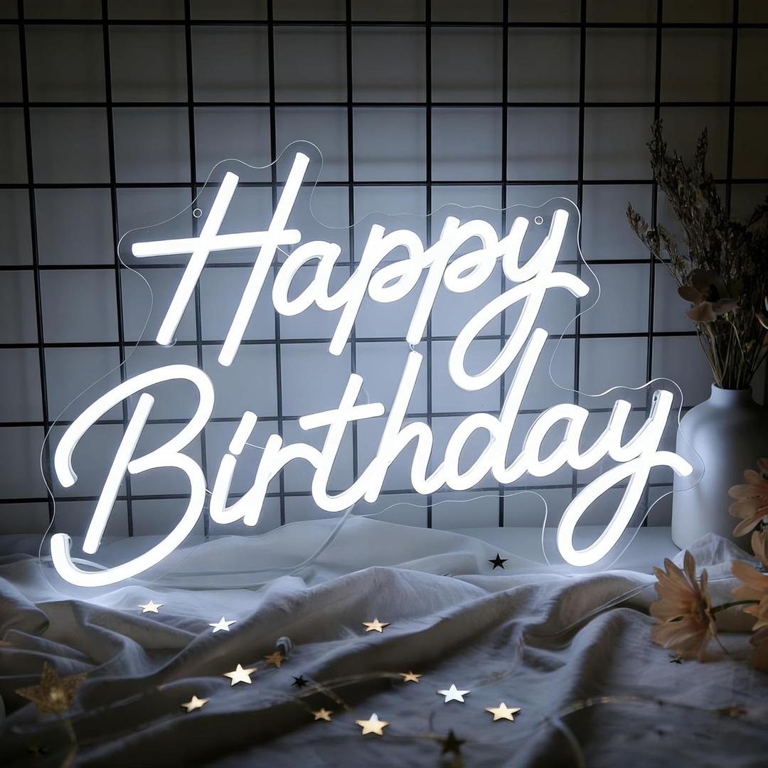 Happy Birthday Neon Sign for Wall Decor, LED Happy Birthday Light Up Sign, Dimmable Happy Birthday Neon Lights for Backdrop All Birthday Party Decoration, USB Powered White