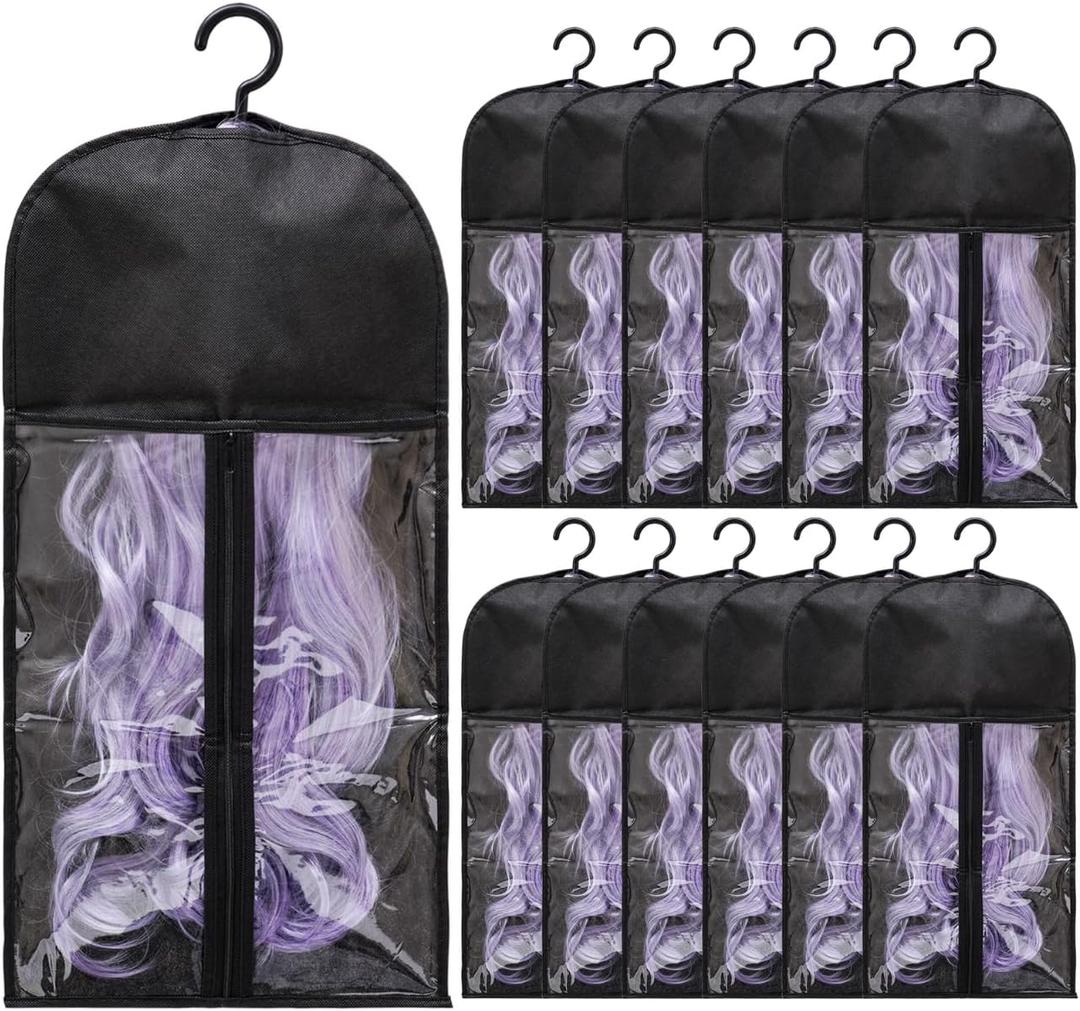 12PCS Hair Extension Holder Wig Storage Bags with Hanger for Multiple Wigs, Dust-proof Wig Hanger Hair Extension Storage Wig Bags for Hair Extensions, Wigs & Accessories